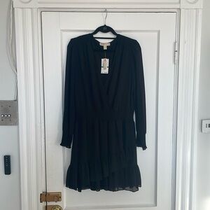 NWT Michael Kors Black Women's Ruffle Hem Smocked Chiffon Dress